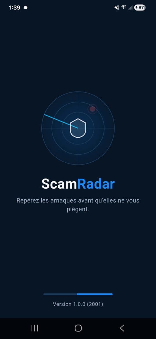 Écran d'accueil de ScamRadar sur Android