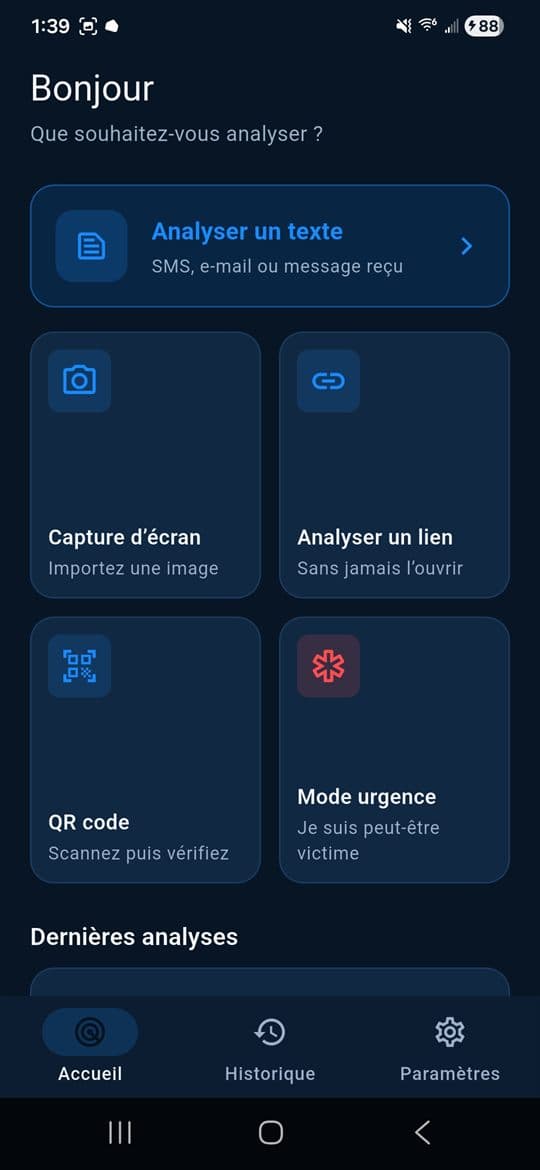 Les cinq façons d'analyser : texte, capture, lien, QR code, mode urgence
