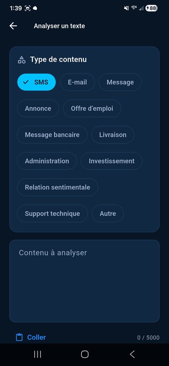 Saisie d'un message à analyser avec choix du type de contenu