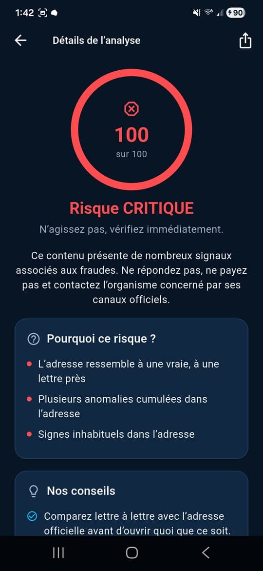 Résultat en risque critique avec la liste des signaux détectés