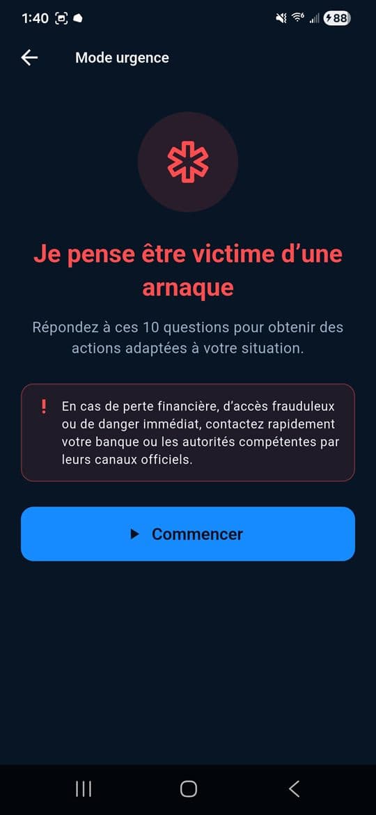 Mode urgence de ScamRadar, dix questions menant à des actions